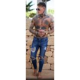 Amor Man Özel Tasarım Büyük Diz Yırtık Detaylı Slim Fit Likralı Yazlık Erkek Jeans Kot Pantolon - 30 - Koyu Mavi