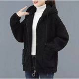 Amor Man Özel Üretim Kapüşonlu Tam Fermuarlı Astarsız %100 Yünp Peluş Polar Kadın Ceket - XL - Siyah