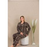 Amora Secret Büyük Beden Leopar Desenli Düğmeli Uzun Kol Viskon Pijama Takımı