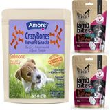 Amore Crazybones 550 gr Somonlu Atıştırmalık Yumuşacık Köpek Ödülü + 2x80 gr New Story Lamb Bites Köpek Ödülü