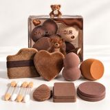 Amour Amour 13 Parça Kalp Kadife Puf & Makyaj Süngeri Seti - Far Aplikatörlü Kutu - Kahverengi