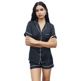 Amoureux Saten Siyah Kısa Pijama Takımı