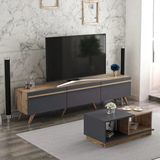 Amsterdam Tv Sehpası & Concept Orta Sehpa Takımı – Antrasit/Antik Ceviz - 3 Kapaklı, Modern Salon Seti