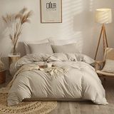 AMWAN Modern Stil Bej Nevresim King Size Boho Bej Yorgan Örtüsü% 100% Yıkanmış Pamuk Yatak Takımları Yumuşak Pamuk Bej Yatak Örtüsü Lüks Işık Tan Nevresim Fermuar Kapatma ile
