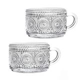Amzcku Vintage Kahve Çay Fincanları, Cam Kupalar 400 ml 2'li Kabartma Cam Eşyası Kulplu, Kapuçino, Latte, Tahıl, Yoğurt, İçecek Sıcak/Soğuk, Süt için