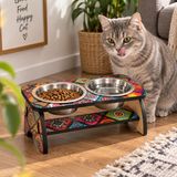Anadolu Motifli Kedi Mama ve Su Kabı Çelik 2’li Set – Yükseltilmiş Ahşap Standlı Şık ve Dekoratif Kedi Beslenme Kabı