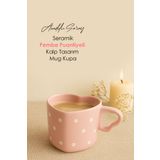 Anadolu Saray El Yapımı Seramik Pembe Puantiyeli Kalp Tasarım Mug Kupa Fincan Mug Fincan Kupa Kahve Kupası