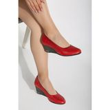 Analin Shoes 10 Kırmızı Hakiki Deri Petek Baskılı Dolgu Topuklu Kadın Ayakkabı