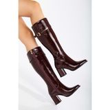 Analin Shoes Kadın Deri Bordo Rugan Topuklu Çizme 7 cm Kalın Topuklu Konforlu Kullanım