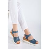 Analin Shoes Kadın Deri Kalın Bantlı Yüksek Taban Sandalet - Siyah - Kot Mavi