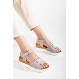 Analin Shoes Kadın Deri Kalın Bantlı Yüksek Taban Sandalet - Siyah - Silver Grey