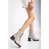 Analin Shoes Kadın Deri Kalın Topuklu Şık Bağcıklı Bot - Beyaz Yılan