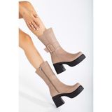 Analin Shoes Kadın Deri Tokalı Platformlu Kalın Topuklu Çizme - Taş