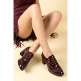 Analin Shoes Kadın Hakiki Deri Bağcıklı Oxford Topuklu Ayakkabı - Bordo Rugan