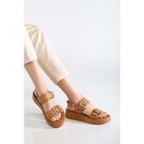 Analin Shoes Kadın Hakiki Deri Yüksek Taban Sandalet Taba Renkli Arka Kayışlı Günlük Stil