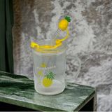 Ananas Tasarımlı Kupa Bardak - 400ml Cam, Kapaklı ve Pipetli