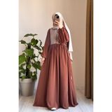 Ande Tesettür Düğmeli Garni Elbise-Taba/ Bej - Standart