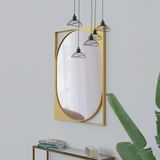 Anel Duvar Aynası Gold | Dikdörtgen Çerçeveli Oval Dekoratif Ayna | Salon ve Antre Konsol Üstü Metal Ayna