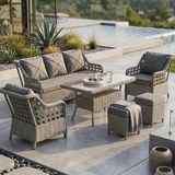 Anemon Serisi 1. Sınf 3+1+1+2 Puf Beyaz Rattan Antrasit Minder Bahçe Takımı, Balkon Takımı