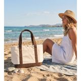 Anera Towel Naturel Kahve Kontrast Renkli %100 Pamuklu Kanvas Çıtçıtlı Plaj Çantası Omuz Çantası El Çantası - Ekru - Kahve