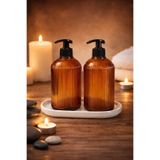 ANGDESİGN 3 Parça Set || Marbella Sıvı Sabunluk 2.li Standı / Amber-Beyaz Taban Banyo Seti & Mutfak Seti Tezgah Üzeri | Cam Sıvı Sabunluk Modern Tasarım Banyo Dekoru Lavabo Üstü Premium Misafir Banyosu