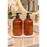 ANGDESİGN 3 Parça Set || Marbella Sıvı Sabunluk 2.li Standı / Amber-Beyaz Taban Banyo Seti & Mutfak Seti Tezgah Üzeri | Cam Sıvı Sabunluk Modern Tasarım Banyo Dekoru Lavabo Üstü Premium Misafir Banyosu
