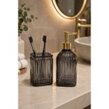 ANGDESİGN Bodrum 2.li Cam Sıvı Sabunluk & Cam Diş Fırçalık FÜME | Dekoratif Banyo Aksesuarı Banyo Düzenleyici Ev Otel Premium Cam Banyo Organizeri Düzenleyici Dekoratif Şık Hediyelik Cam Ev Dekor Lüks Banyo