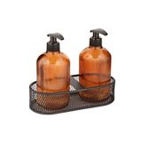 AngDesign Deniz Cam Sıvı Sabunluk 2'li-Metal Siyah Standlı-Amber