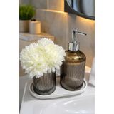 ANGDESİGN İNCİ Cam 2'li Banyo Seti-Cam Sıvı sabunluk ve Cam Diş Fırçalık ✨KAHVE FÜME-KREM SERAMİK TABAKLI Cam Diş Fırçalık Cam Banyo Düzenleyici Diş Fırçası Cam Sabunluk Banyo Takımı Banyo Dekorasyon Diş Macunu