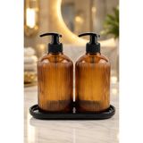 ANGDESİGN Marbella Sıvı Sabunluk 2.li Standı / Amber-Siyah Taban • Banyo Seti & Mutfak Seti Tezgah Üzeri || | Cam Sıvı Sabunluk Modern Tasarım Banyo Dekoru Lavabo Üstü Premium Misafir Banyosu