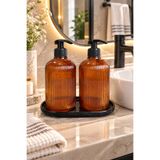 ANGDESİGN Marbella Sıvı Sabunluk 2.li Standı / Amber-Siyah Taban • Banyo Seti & Mutfak Seti Tezgah Üzeri || | Cam Sıvı Sabunluk Modern Tasarım Banyo Dekoru Lavabo Üstü Premium Misafir Banyosu