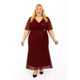 angelino butik Büyük Beden Işıltılı Abiye Elbise KL3099 Bordo