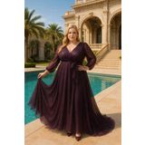 angelino butik Büyük Beden Kendinden Simli Uzun Kollu Kendinden Simli KL3047 Mor Abiye Elbise