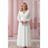 angelino butik Premium Büyük Beden Nikah Elbisesi – Beyaz, Kruvaze Yaka, Akışkan Kloş Form ND4030