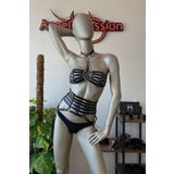 Angels Passion Püskül Detaylı Siyah Deri Korse Sütyen Harness Takım