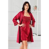 Angel's Story Kadın Saten İp Askılı Gecelik Sabahlık Takım, Dantel Detaylı, Bordo, 2XL