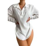 Angelsin Gömlek Görünümlü Likralı Plaj Elbisesi Pareo Cover Up Kimono Beyaz S