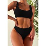 Angelsin Özel Fitilli Kumaş Tankini Bikini Üstü - 36 - Siyah