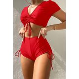 Angelsin Özel Tasarım Yarım Kol Büzgü Detaylı Bikini Üstü - 34 - Kırmızı