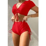 Angelsin özel tasarım yarım kol büzgü detaylı bikini üstü