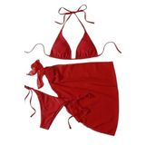 Angelsin Pareolu Bağlamalı 3'lü Bikini Takım Set (Çıkartılabilir Kaplı) Kırmızı 38