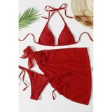 Angelsin Pareolu Bağlamalı 3'lü Bikini Takım Set (Çıkartılabilir Kaplı) Kırmızı 42