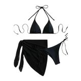 Angelsin Pareolu Bağlamalı 3'lü Bikini Takım Set (Çıkartılabilir Kaplı) Siyah 38