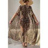 Angelsin Şifon Uzun Önden Bağlamalı Leopar Plaj Elbisesi Pareo Kimono