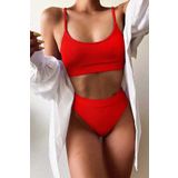 Angelsin Yüksek Bel Fitilli Kumaş Tankini Bikini Takım