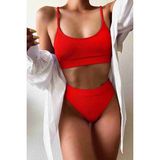 Angelsin Yüksek Bel Fitilli Kumaş Tankini Bikini Üstü - 34 - Kırmızı