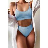 Angelsin Yüksek Bel Fitilli Kumaş Tankini Bikini Üstü - Mavi - 34