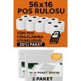 ANI OFİS KIRTASİYE A K Ofis Seti - POS Rulosu 56x16 (20’li Paket) + A4 Poşet Dosya (2 Paket, 100’lü)