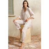 Anıl 5744 Kadın Dokuma Viskon Çizgili Dantelli Sabahlık Pantolon Pijama 3'lü Takım