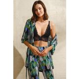 Anıl 5748 Kadın Viskon Yaprak Baskılı Sabahlık Balensiz Desteksiz Dolgusuz Dantelli Bralet Sütyen ve Pantolon Pijama 3'lü Takım